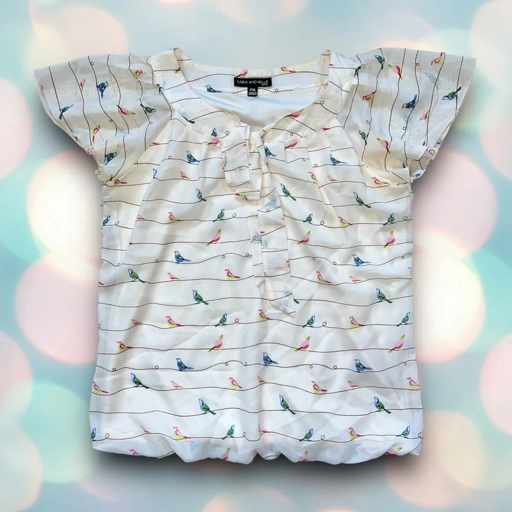 Sara Michelle Women’s Bird Print Bow Tie Blouse Shirt Top Size M Petite - Picture 2 of 6